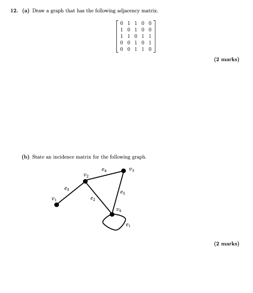 Solved 12. (a) Draw a graph that has the following adjacency | Chegg.com