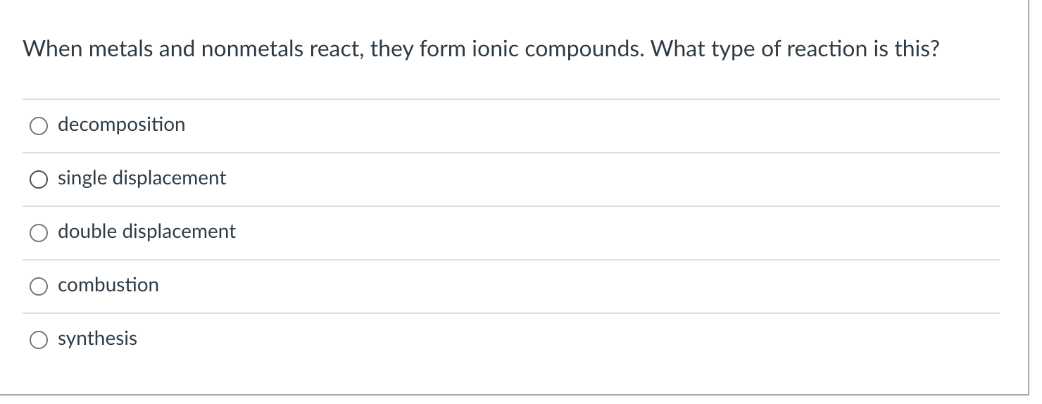 Solved When metals and nonmetals react, they form ionic | Chegg.com