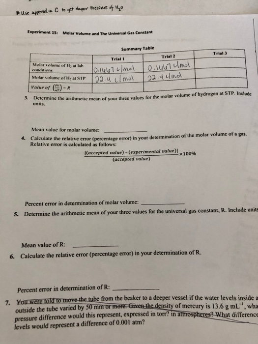 EXPERIMENT 15 Gas Laws 1 Molar Volume and The Ideal