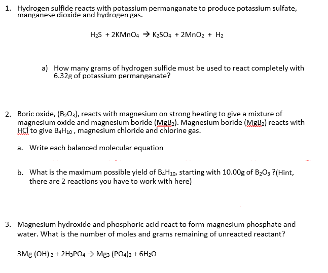 Solved 1. Hydrogen sulfide reacts with potassium | Chegg.com