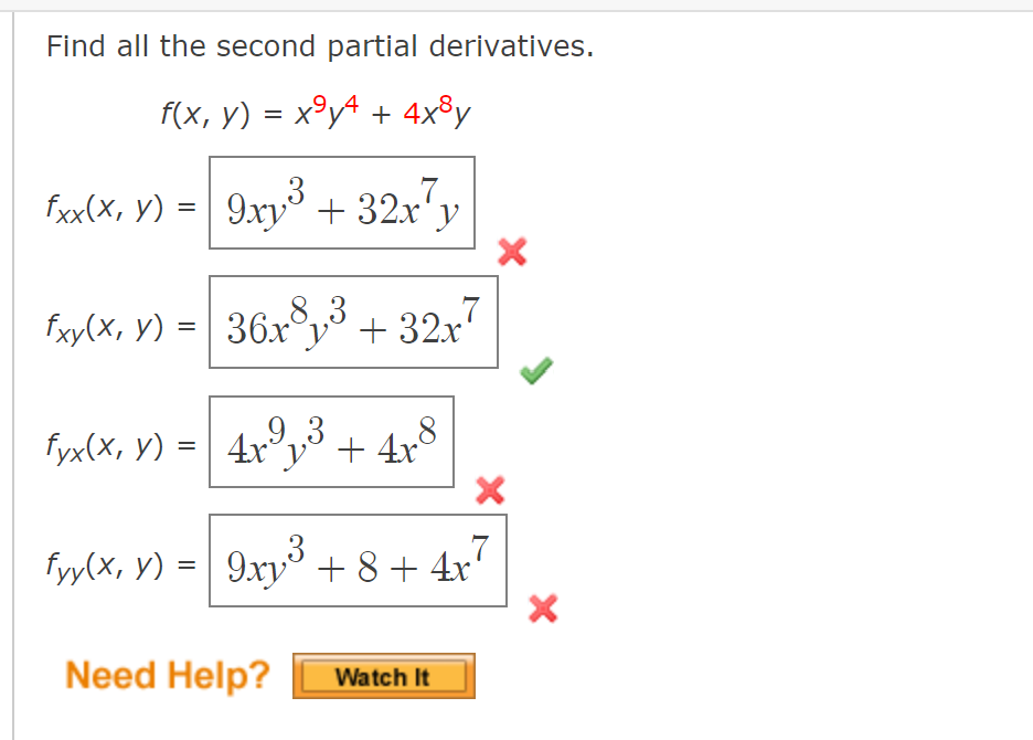 Find all the second partial derivatives. \[ \begin{array}{c} f(x, y)=x^{9} y^{4}+4 x^{8} y \\ f_{x x}(x, y)= \\ f_{x y}(x, y)