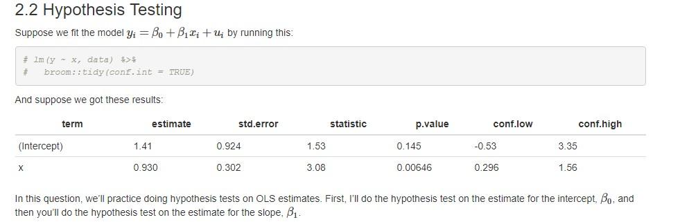 Solved 2.2 Hypothesis Testing Suppose we fit the model yi = | Chegg.com
