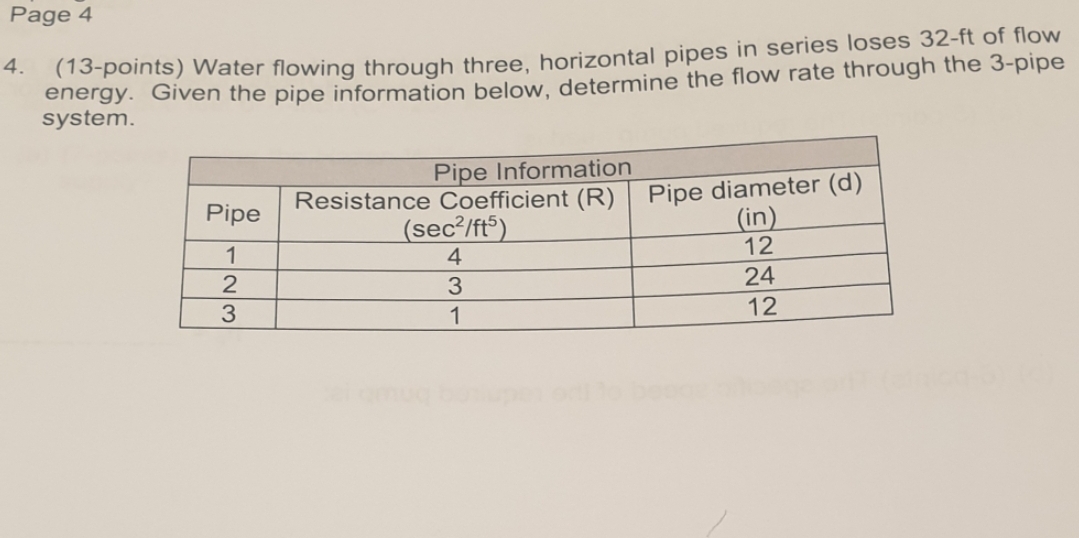 Solved Page 4 4. (13-points) Water flowing through three, | Chegg.com