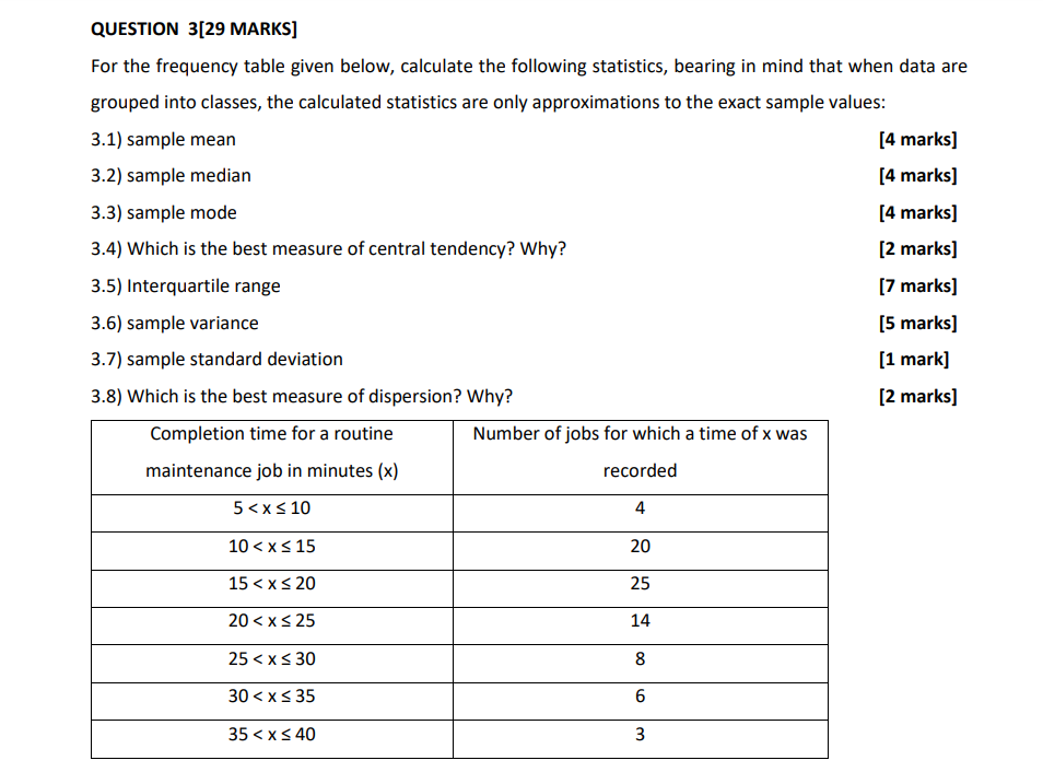 Solved QUESTION 3[29 MARKS] For the frequency table given | Chegg.com