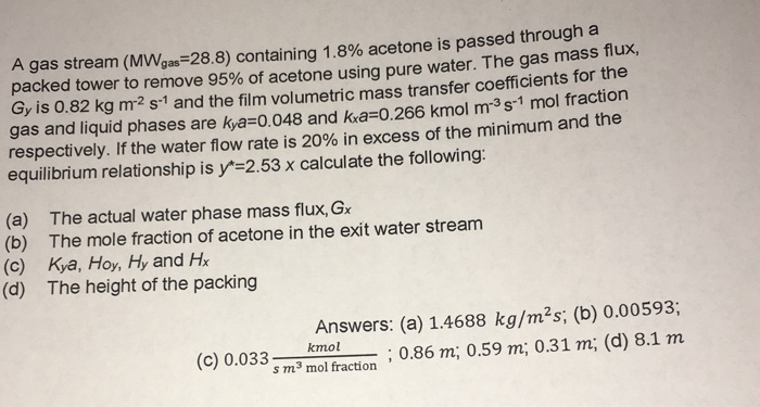 Solved A gas stream (MWgas-28.8) containing 1.8% acetone is | Chegg.com