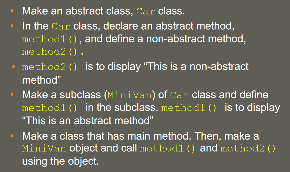 Solved • Make an abstract class, Car class. • In the Car | Chegg.com