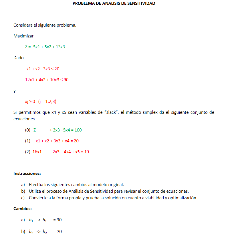 PROBLEMA DE ANALISIS DE SENSITIVIDAD Considera el siguiente problema. Maximizar \[ Z=-5 \times 1+5 \times 2+13 \times 3 \] Da