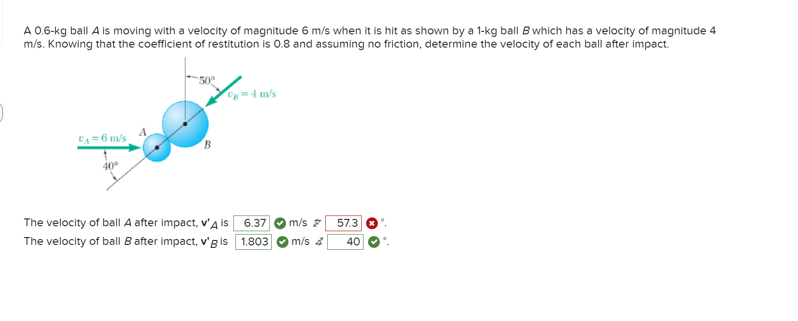 A 0.6-kg ball \( A \) is moving with a velocity of magnitude \( 6 \mathrm{~m} / \mathrm{s} \) when it is hit as shown by a \(