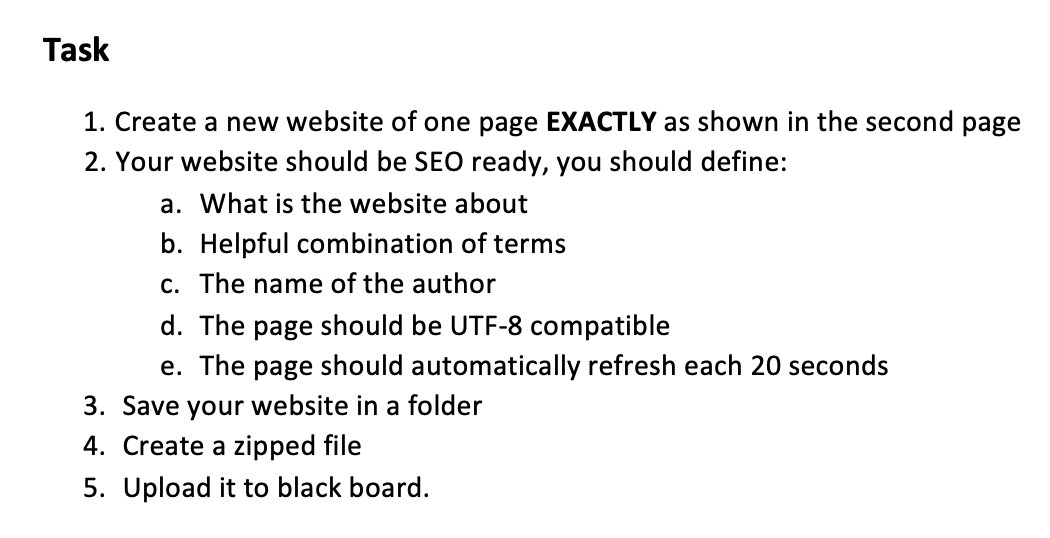 Solved Task 1. Create a new website of one page EXACTLY as
