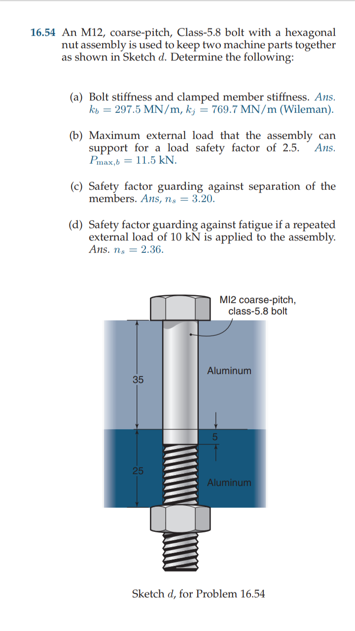 Solved 16.54 An M12, coarse-pitch, Class-5.8 bolt with a | Chegg.com