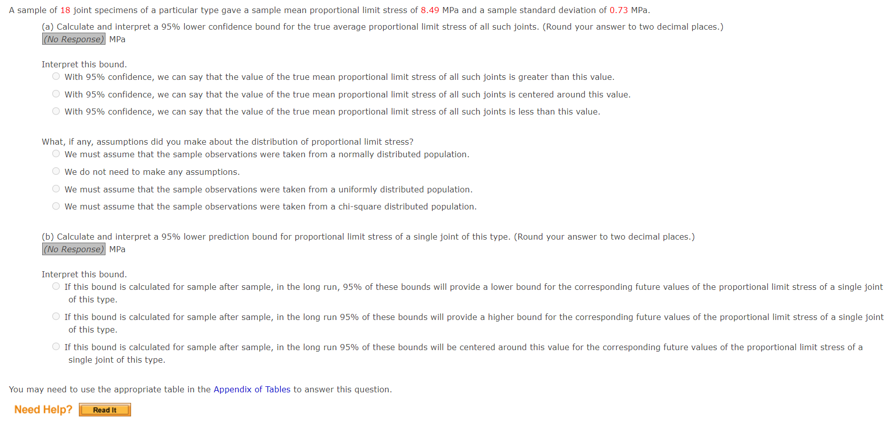 Solved sample of 18 joint specimens of a particular type