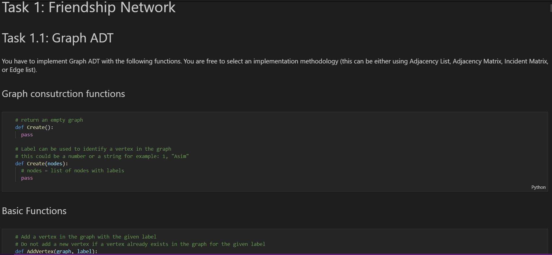 Solved have to implement graph ADTS in python3 without using | Chegg.com