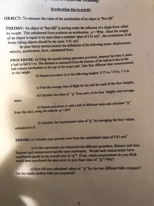 Solved Acceleration due to gravity lab report. I