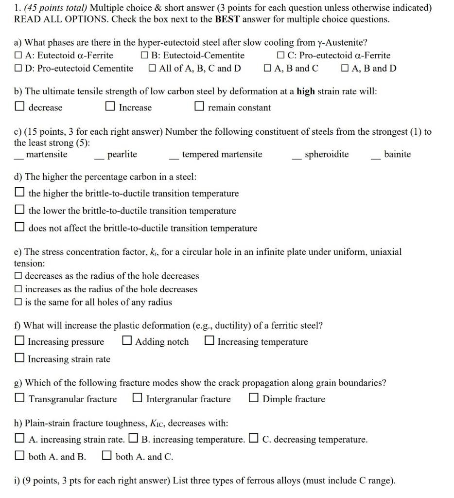 Solved 1. (45 points total) Multiple choice & short answer | Chegg.com