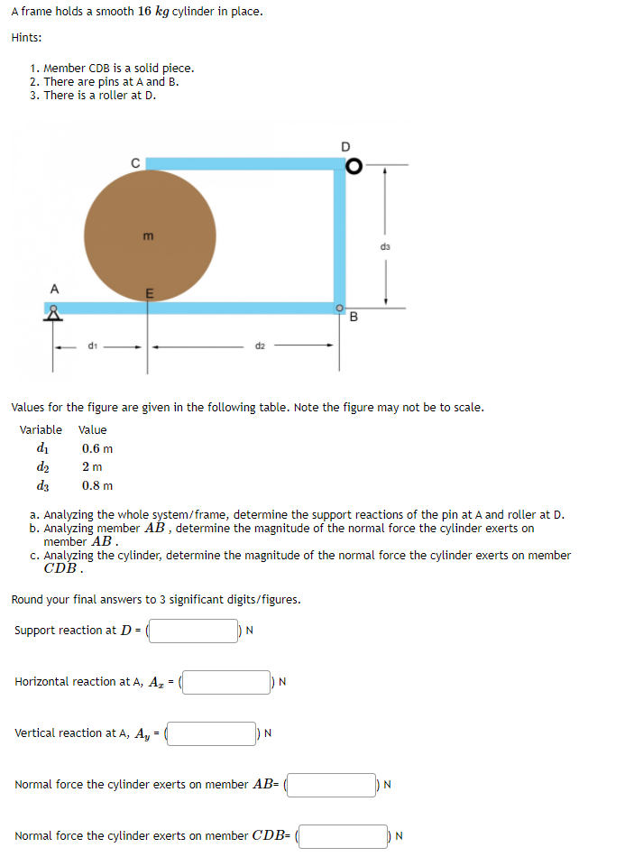 Solved A frame holds a smooth 16 kg cylinder in place. | Chegg.com