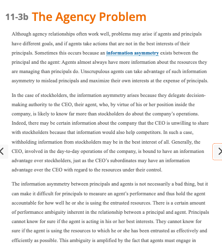 Solved Chapter 11 section 11-3 discusses agency theory and | Chegg.com