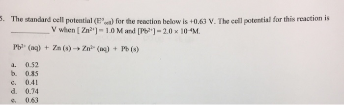 Solved The standard cell potential (E degree_cell) for the | Chegg.com