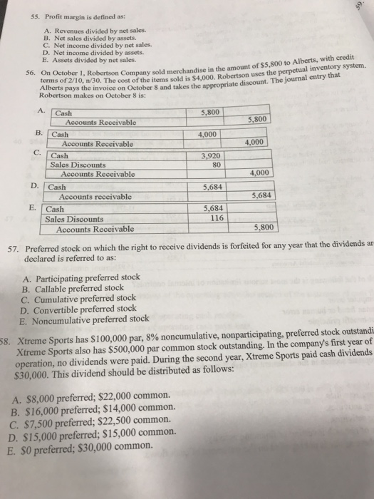Solved 55. Profit margin is defined as A. Revenues divided