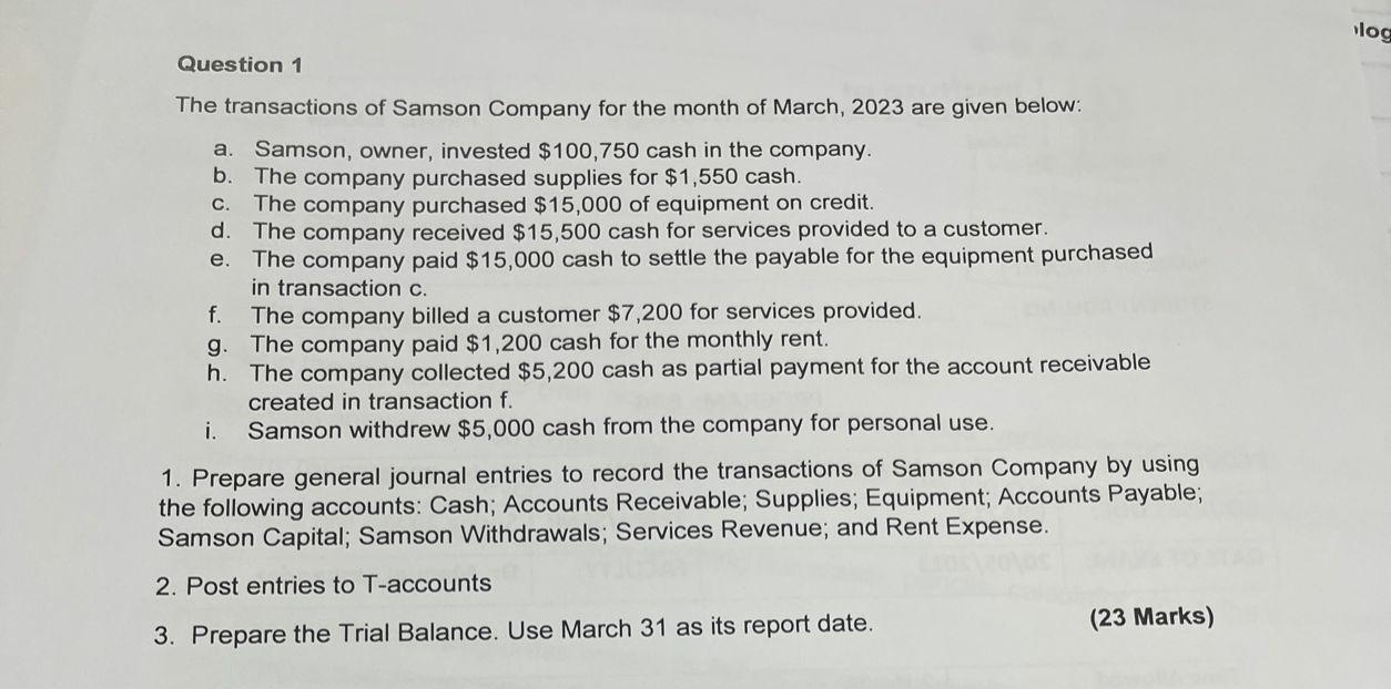 Solved Question 1 The transactions of Samson Company for the