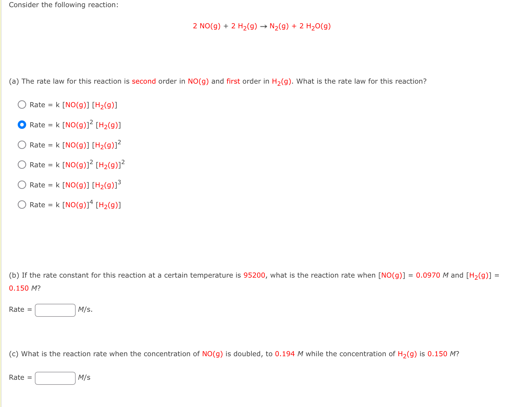 Consider the following reaction:
\[
2 \mathrm{NO}(\mathrm{g})+2 \mathrm{H}_{2}(\mathrm{~g}) \rightarrow \mathrm{N}_{2}(\mathr