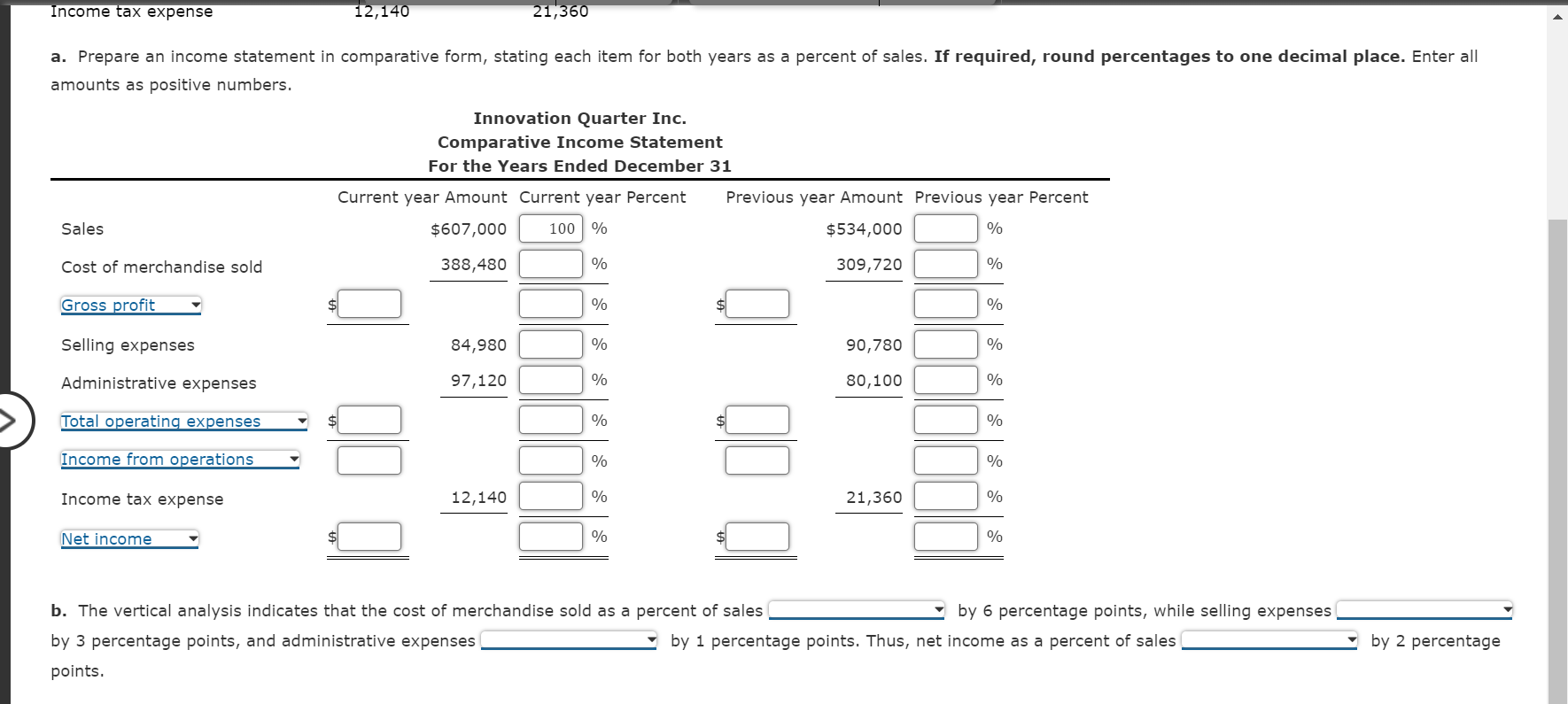 Solved Vertical Analysis of Income Statement Revenue and | Chegg.com