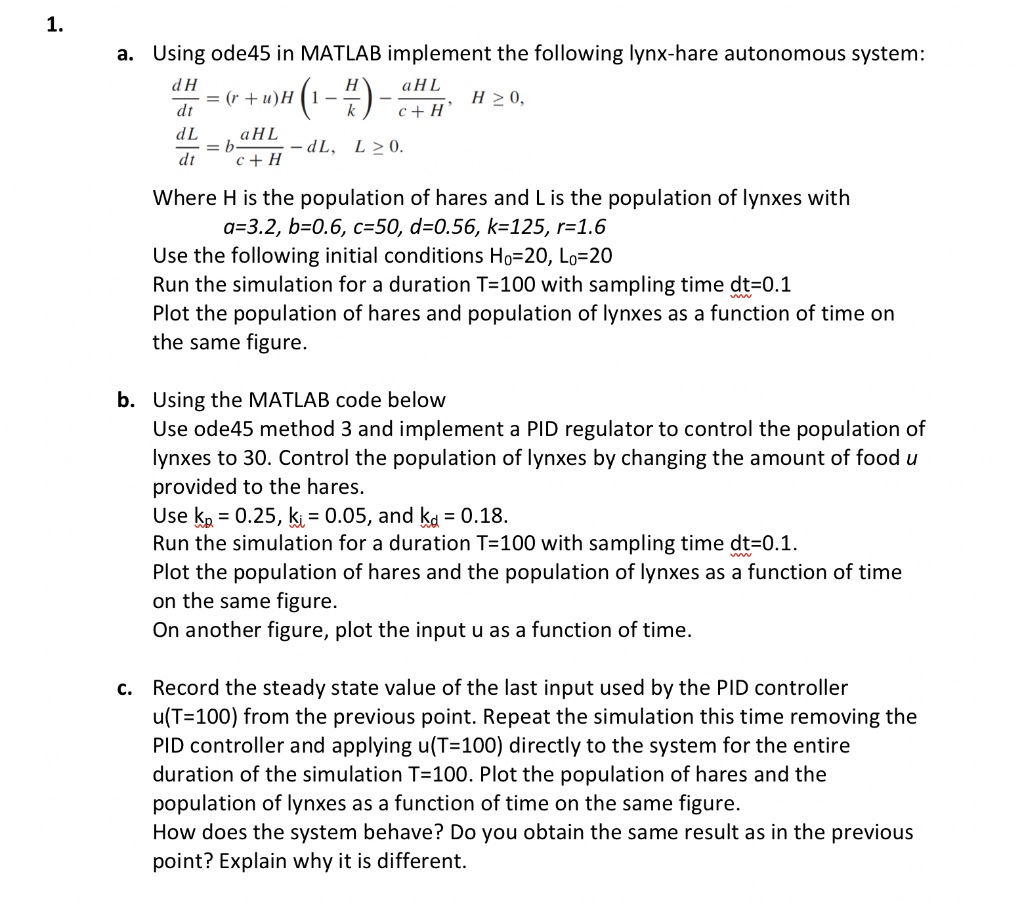 Using ode45 in MATLAB implement the following | Chegg.com