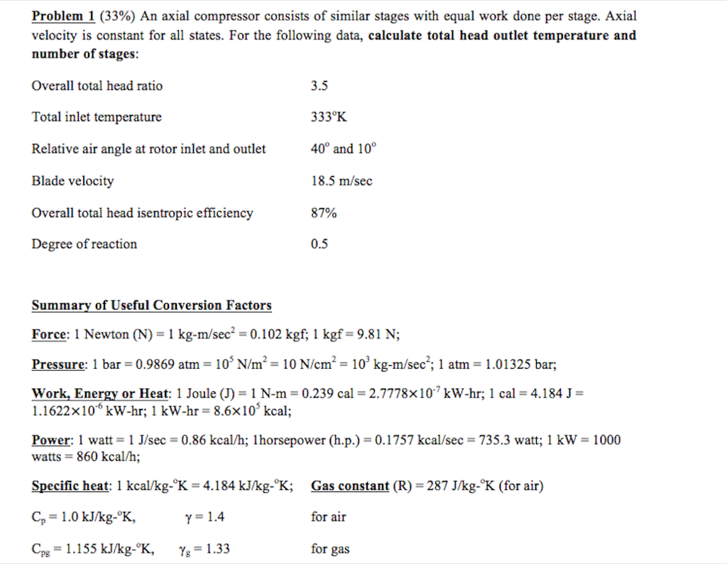 Solved Problem 1 (3396) An axial compressor consists of | Chegg.com