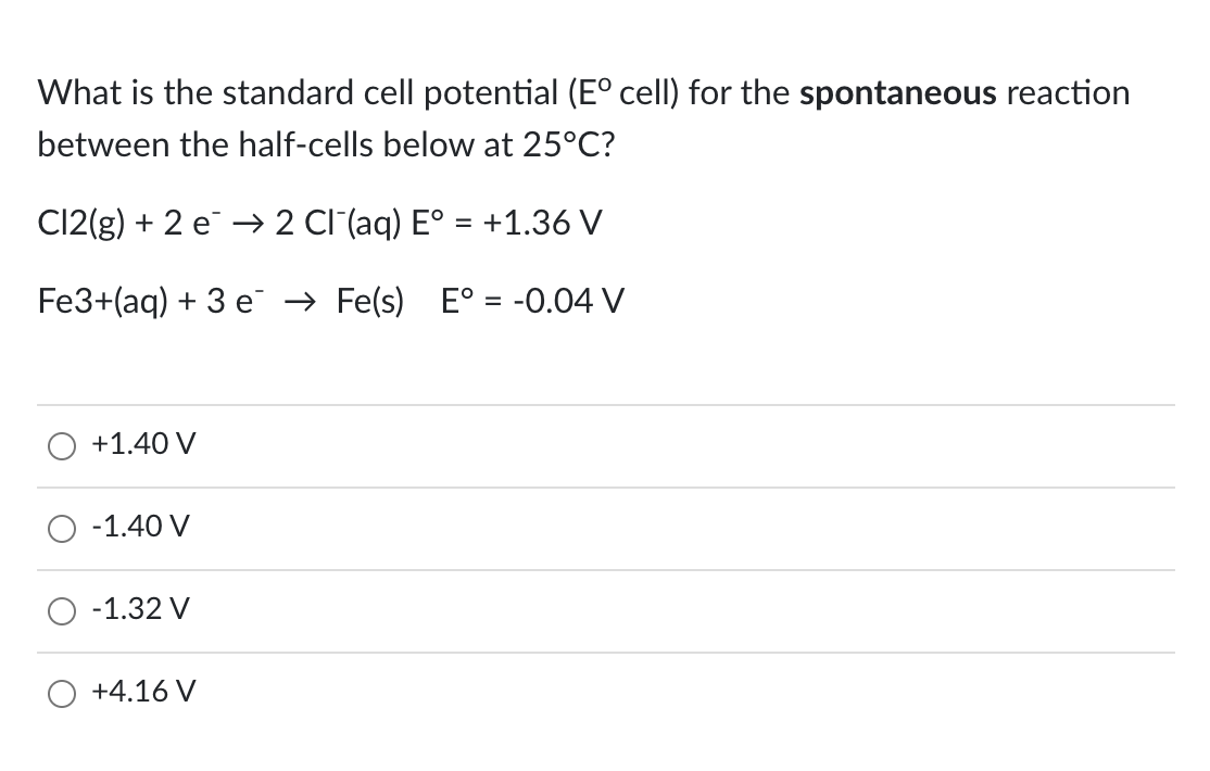 Solved What is the standard cell potential (E° cell) for the | Chegg.com