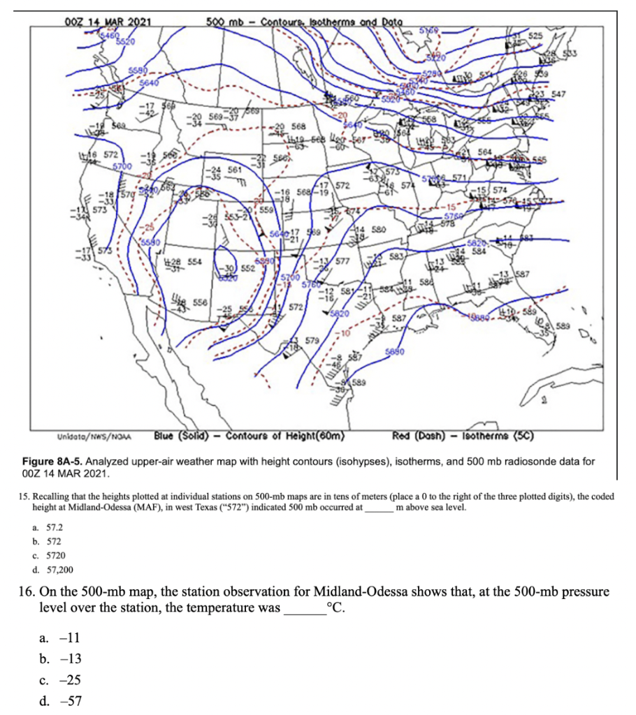 Figure 8A-5. Analyzed upper-air weather map with height contours (isohypses), isotherms, and 500 mb radiosonde data for O0Z 1