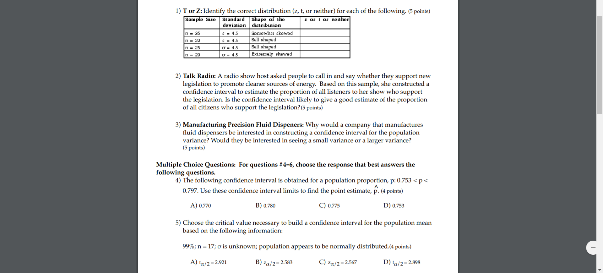 Solved 1 T Or Z Identify The Correct Distribution Z T Chegg Com