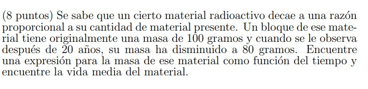 (8 puntos) Se sabe que un cierto material radioactivo decae a una razón proporcional a su cantidad de material presente. Un b