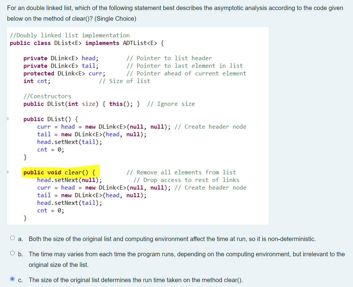 Solved For an double linked list, which of the following | Chegg.com