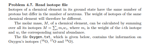 Problem 4.7. Read isotope file Isotopes of a chemical element in its ground state have the same number of protons but differ