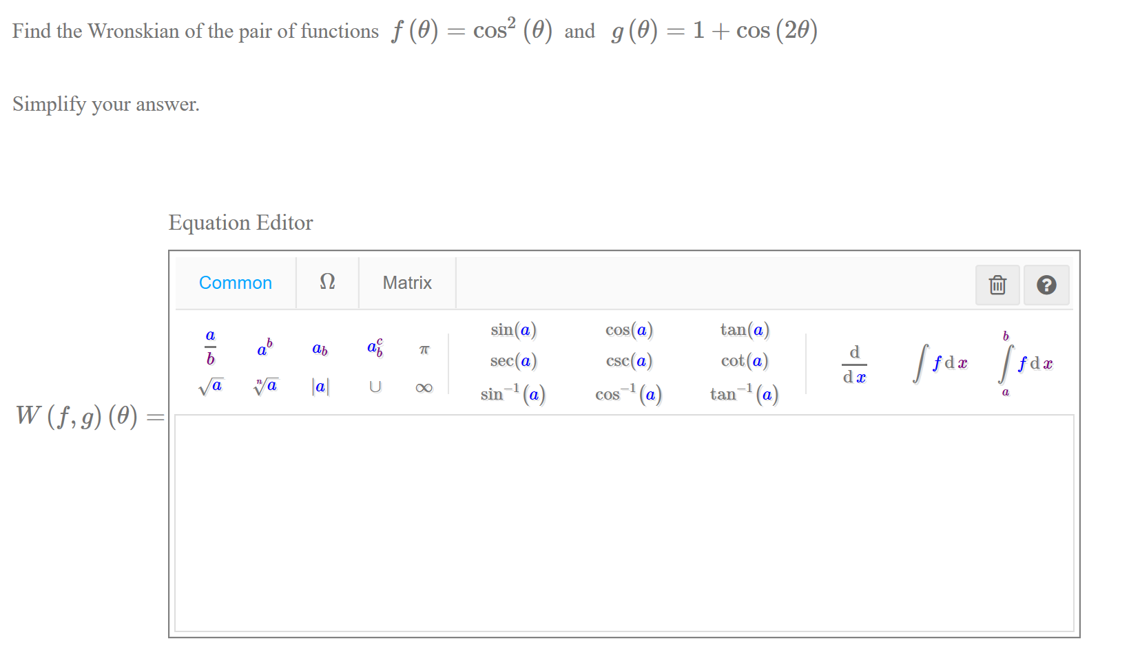Solved Find The Wronskian Of The Pair Of Functions F 0 Chegg Com
