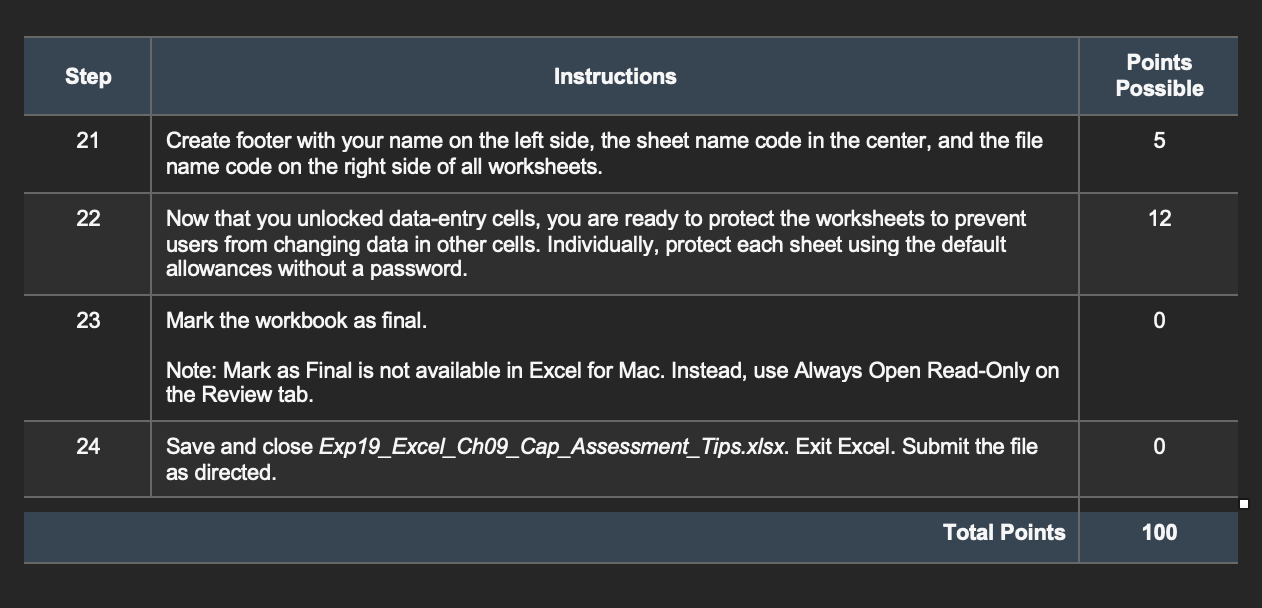 Step Instructions Points Possible 1 0 Start Excel Chegg Com