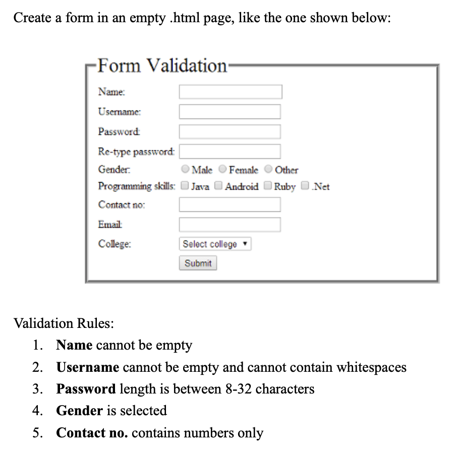 Solved Create A Form In An Empty Html Page Like The One Chegg Com