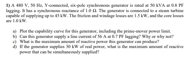Solved 1 A 480 V 50 Hz Y connected Six pole Synchronous Chegg