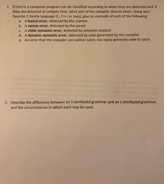 Solved 1. Errors in a computer program can be classified | Chegg.com
