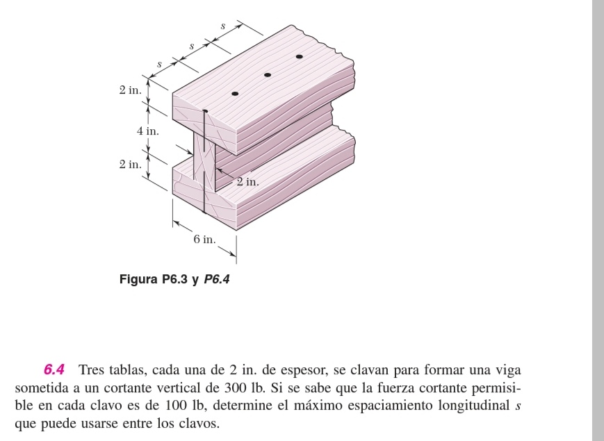 6.4 Tres tablas, cada una de 2 in. de espesor, se clavan para formar una viga sometida a un cortante vertical de \( 300 \math