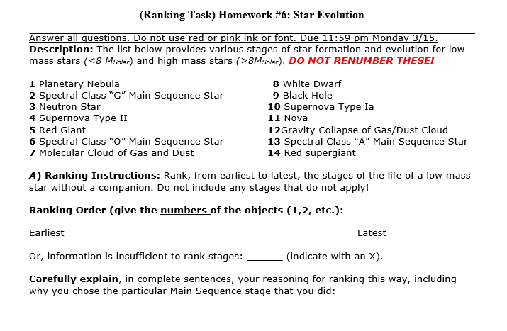Solved Ranking Task Homework 6 Star Evolution Answer All Chegg Com