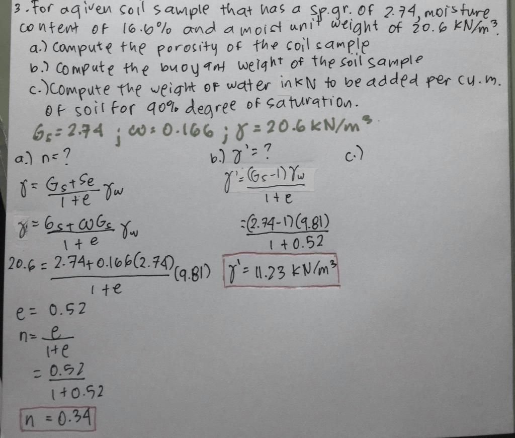 Solved For A Given Soil Sample It Has A Sp.gr. Of 2.74, | Chegg.com