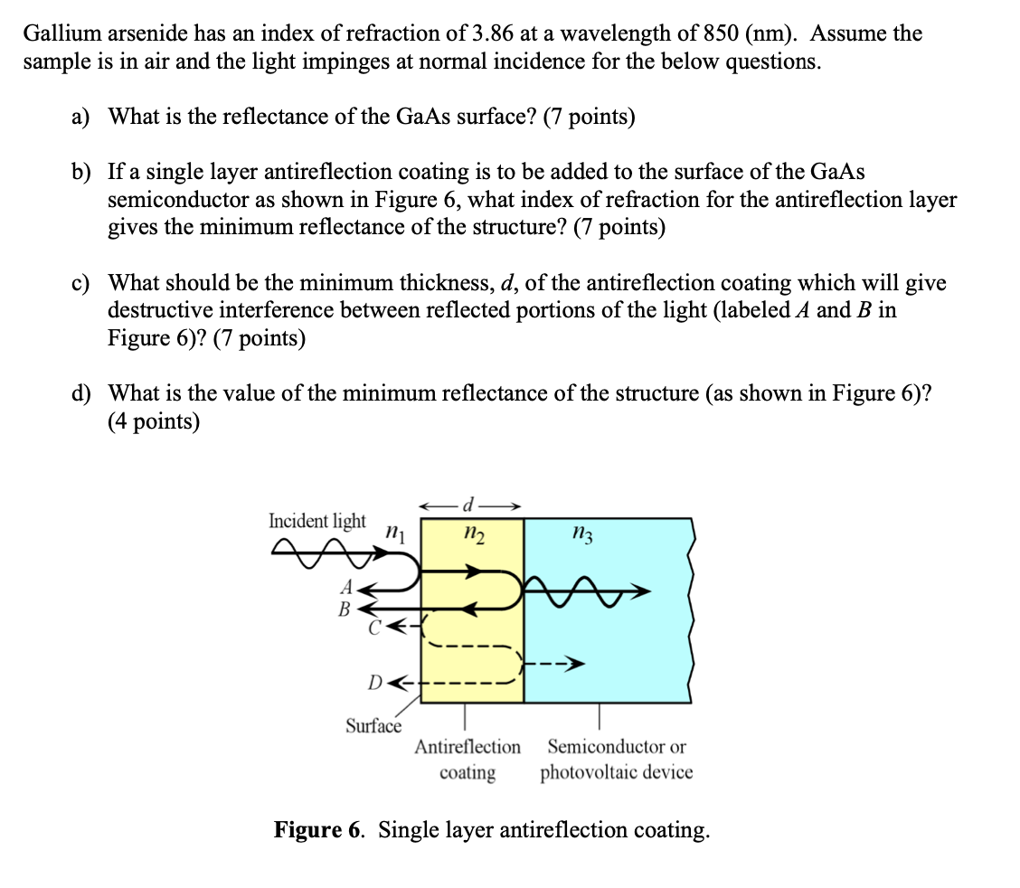 Gallium arsenide has an index of refraction of 3.86 at a wavelength of 850 (nm). Assume the
sample is in air and the light im