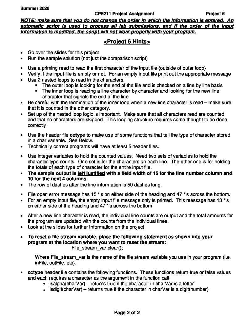 Summer 2020 CPE211 Project Assignment Project 6 The | Chegg.com