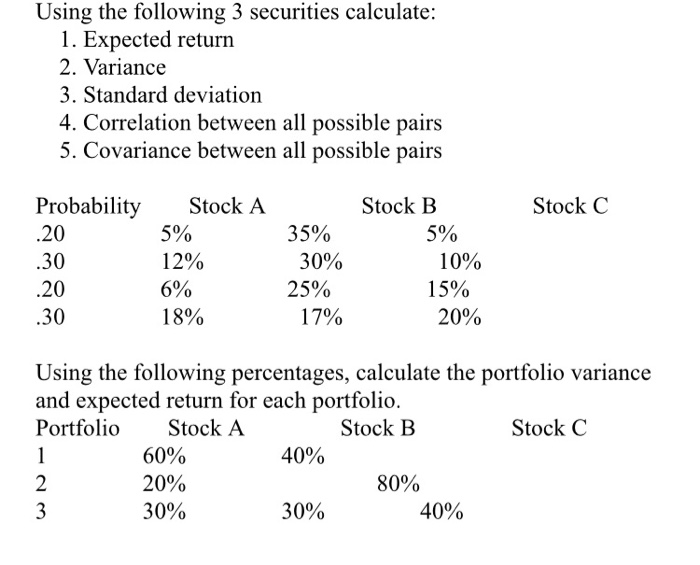 Solved Using The Following 3 Securities Calculate: 1. | Chegg.com