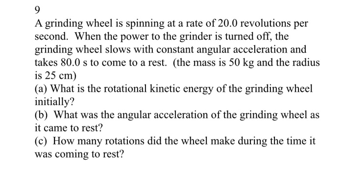 Solved 9 A grinding wheel is spinning at a rate of 20.0 | Chegg.com