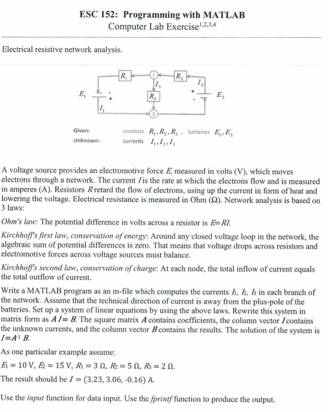 Solved ESC 152: Programming with MATLAB Computer Lab | Chegg.com
