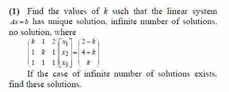 Solved (1) Find the values of k such that the linear system | Chegg.com