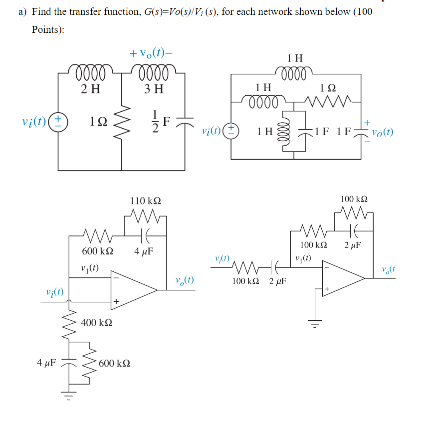 Solved a) Find the transfer function, G(s)=VO(s)/Vi(s), for | Chegg.com