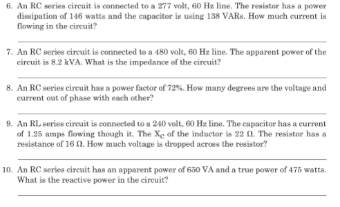 Solved 6. An RC series circuit is connected to a 277 volt, | Chegg.com