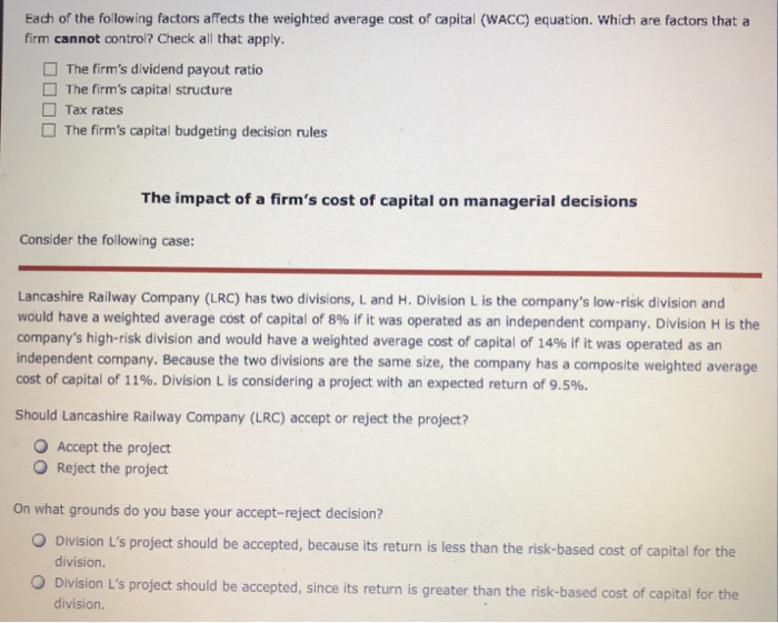 Solved Each of the following factors affects the weighted | Chegg.com